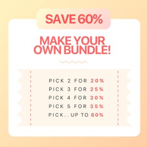 K&ouml;nnte beinhalten: Eine rosa und wei&szlig;e Grafik mit dem Text "SAVE 60% MAKE YOUR OWN BUNDLE!" und einer Liste von Rabatten f&uuml;r den Kauf mehrerer Artikel: "PICK 2 FOR 20%", "PICK 3 FOR 25%", "PICK 4 FOR 30%", "PICK 5 FOR 35%", "PICK.. UP TO 60%".