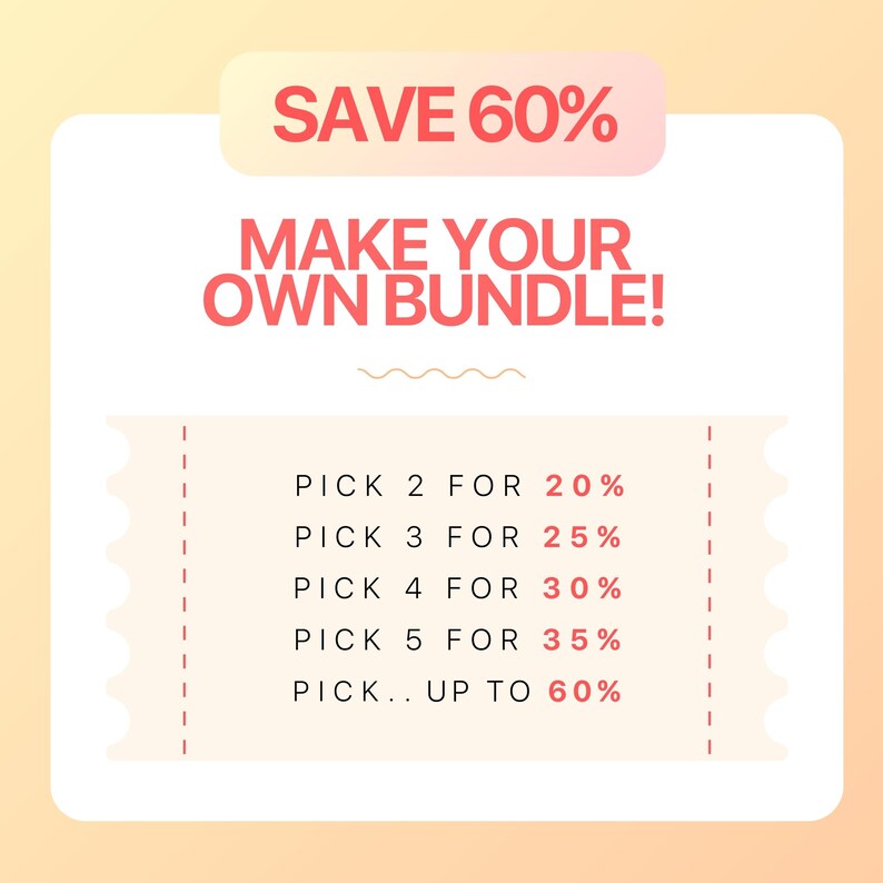 K&ouml;nnte beinhalten: Eine rosa und wei&szlig;e Grafik mit dem Text "SAVE 60% MAKE YOUR OWN BUNDLE!" und einer Liste von Rabatten f&uuml;r den Kauf mehrerer Artikel: "PICK 2 FOR 20%", "PICK 3 FOR 25%", "PICK 4 FOR 30%", "PICK 5 FOR 35%", "PICK.. UP TO 60%".