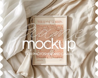 May include: A white frame mockup with a floral pattern inside. The frame is on a white and beige fabric background. The text "Frame Mockup" is written in white on the image. The text "FOR PHOTOSHOP AND CANVA" is written in black below the frame. The text "WILLIAM MORRIS no. 80" is written in black at the top of the frame. The text "Apple Blossom 1877" is written in black at the bottom of the frame.
