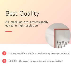 Puede incluir: Una maqueta de una imagen enmarcada con un dise&ntilde;o de l&iacute;neas onduladas. El texto "Best Quality" est&aacute; en la parte superior de la imagen. El texto "All mockups are professionally edited in high resolution" est&aacute; debajo del t&iacute;tulo. El texto "Ultra-sharp 4K+ pixels for a mind-blowing viewing experience!" est&aacute; debajo de la imagen. El texto "300 DPI - the dream for zoom-ins and print perfection!" est&aacute; debajo del texto anterior.