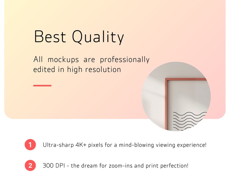 Puede incluir: Una maqueta de una imagen enmarcada con un dise&ntilde;o de l&iacute;neas onduladas. El texto "Best Quality" est&aacute; en la parte superior de la imagen. El texto "All mockups are professionally edited in high resolution" est&aacute; debajo del t&iacute;tulo. El texto "Ultra-sharp 4K+ pixels for a mind-blowing viewing experience!" est&aacute; debajo de la imagen. El texto "300 DPI - the dream for zoom-ins and print perfection!" est&aacute; debajo del texto anterior.