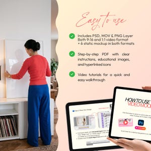 May include: A woman in a red sweater and blue pants hangs a white framed artwork on a wall. The image includes text that says "Easy to use" and details about PSD, MOV & PNG layers, video formats, and step-by-step instructions.