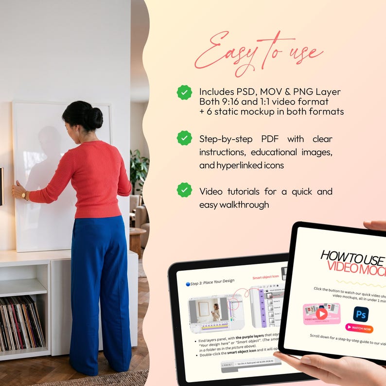 May include: A woman in a red sweater and blue pants hangs a white framed artwork on a wall. The image includes text that says "Easy to use" and details about PSD, MOV & PNG layers, video formats, and step-by-step instructions.