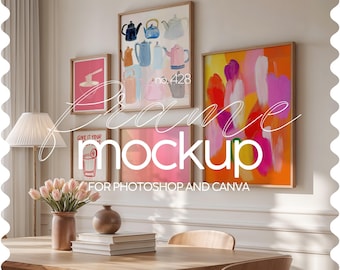 May include: A mockup of a dining room with a wooden table and chairs. There are four framed pictures on the wall, one with a colorful abstract design, one with a pink background, and two with a pattern of teapots. The text "Frame Mockup for Photoshop and Canva" is printed below the pictures.