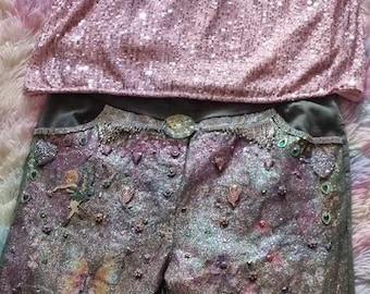 free pink sequin top with these sparkling multi colored cotton pants bedazzled for festivals with glitter artwear,  from doof to burning man