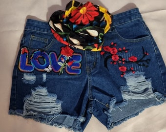 free cap with love and roses, blue denim shredded shorts