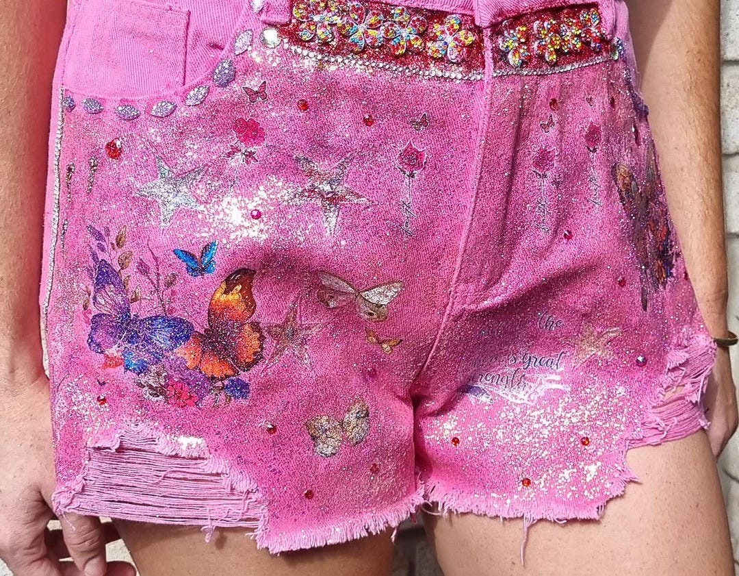 Patchwork Rave Cute Pink Decorated and Glittered Shredded Rave and Festival Pants With ...