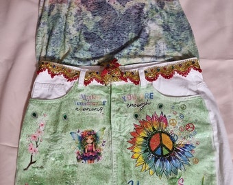 free top with bling with this white shredded cotton denim skirt with green glitter