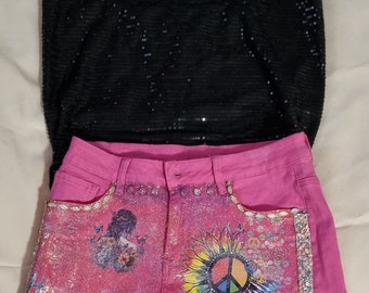 Free top with bling.  Embrace Your Inner Hippy Barbie Sparkle with These Pink Cropped Shorts!