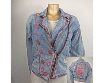 80-er Jeansjacke "fuck you all" mit rosa und roten Rosen Secondhand Jacke