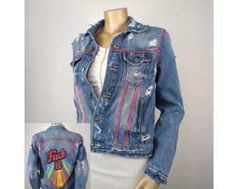 Jeansjacke "Fuck it" mit Regenbogen S/M