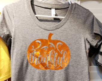 Thankful, swirly, metallic orange pumpkin, soft t-shirt