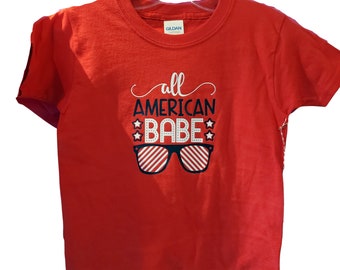All American Babe, red, soft, unisex CHILDREN'S size shirt. Youth sizes XS- XL. Fourth of July | 4th of July | patriotic kids shirt