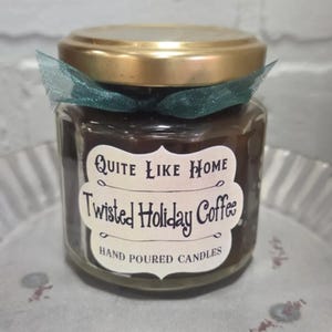 Twisted Holiday Coffee scented 4 oz. jar candle.  Christmas morning, coffee, mint, butter