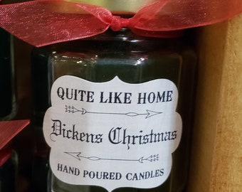 Dickens Christmas scented 6.5 oz. jar candle with gold lid, & organza ribbon. Christmas time, green, scents of Christmas