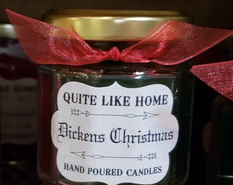 Dickens Christmas scented 4 oz. jar candle with gold lid, & organza ribbon. Christmas time, green, scents of Christmas