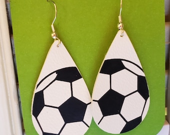 Soccer ball teardrop shaped faux leather earrings