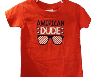 All American Dude, red, soft, unisex CHILDREN'S size shirt. Youth sizes XS- XL. Fourth of July | 4th of July | patriotic kids shirt