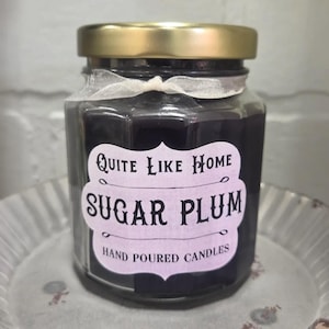 Sugar Plum scented 6.5 oz. jar candle with gold lid, & organza ribbon. Fruit, winter, fairy, sugar, sugary, plum, purple, amethyst, wedding