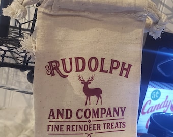 Rudolph and Company fine reindeer treats 4" x 6" cotton muslin gift bag