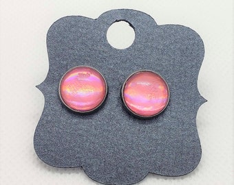 12mm (.47") diameter, circular, holographic pink faux leather, stainless steel stud earrings. Simple beauty! vegan leather | hypoallergenic