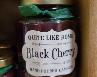 Black Cherry scented 6.5 oz. jar candle with gold lid, and organza ribbon. Fruit, fruity, fun, cherries. cherry, graduation gift, sweet