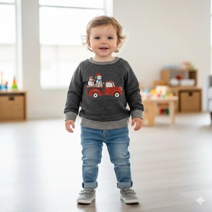 Puede incluir: Un niño pequeño con una sudadera gris oscuro con un gráfico de un camión rojo que transporta muñecos de nieve y un árbol de Navidad. El niño también lleva vaqueros azules y zapatillas grises. El fondo es una habitación clara con muebles.