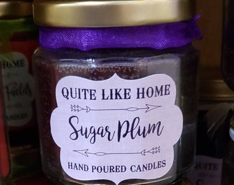 Sugar Plum scented 4 oz. jar candle with gold lid, & organza ribbon. Fruit, winter, fairy, sugar, sugary, plum, purple, amethyst, wedding