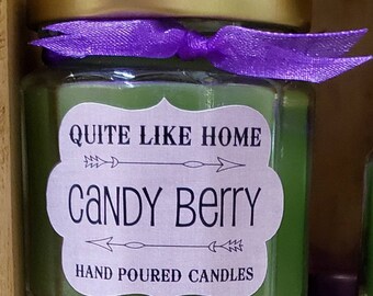 Candy Berry scented 4 oz. jar candle with gold lid, and organza ribbon. Candy, fruit, fruity, fun, berries, graduation gift, fresh, sweet