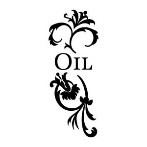 Oil word art vinyl container bottle label decal. 4&quot; x 1.5&quot;. Many colors to choose from!