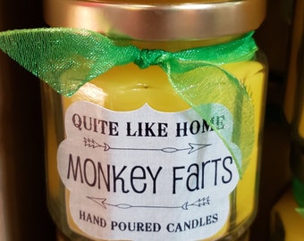 Monkey Farts scented 4 oz. jar candle with gold lid, and organza ribbon. fruity | pineapple | banana | tropical | strawberry kiwi | funny