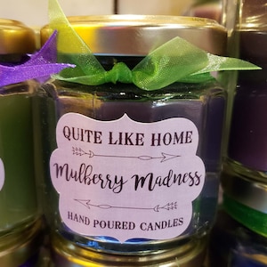 Mulberry scented 4 oz. jar candle with gold lid, and organza ribbon. Fruit, fruity, fun, berries, graduation gift, fresh, sweet