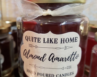 Almond Amaretto scented 6.5 oz. jar candle with gold lid, and organza ribbon. Almond extract | amaretto liqueur |  almond cookies | baking
