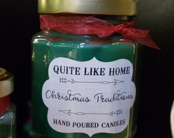 Christmas Traditions scented 6.5 oz. jar candle with gold lid, & organza ribbon. Christmas time, green, scents of Christmas