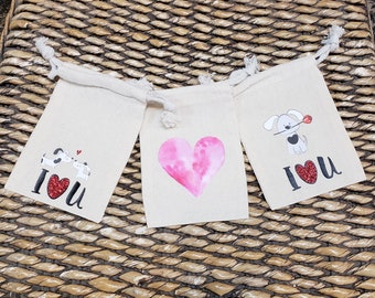 4" x 6" Love themed cotton muslin gift bag- 3 styles to choose from: 2 dogs kissing | dog with rose | pink watercolor heart