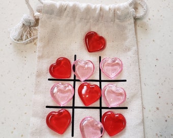 Travel Tic-Tac-Toe Game: Heart Pieces in Muslin Bag