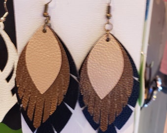 Triple stacked gold, bronze, and black varied leaf shaped faux leather earrings