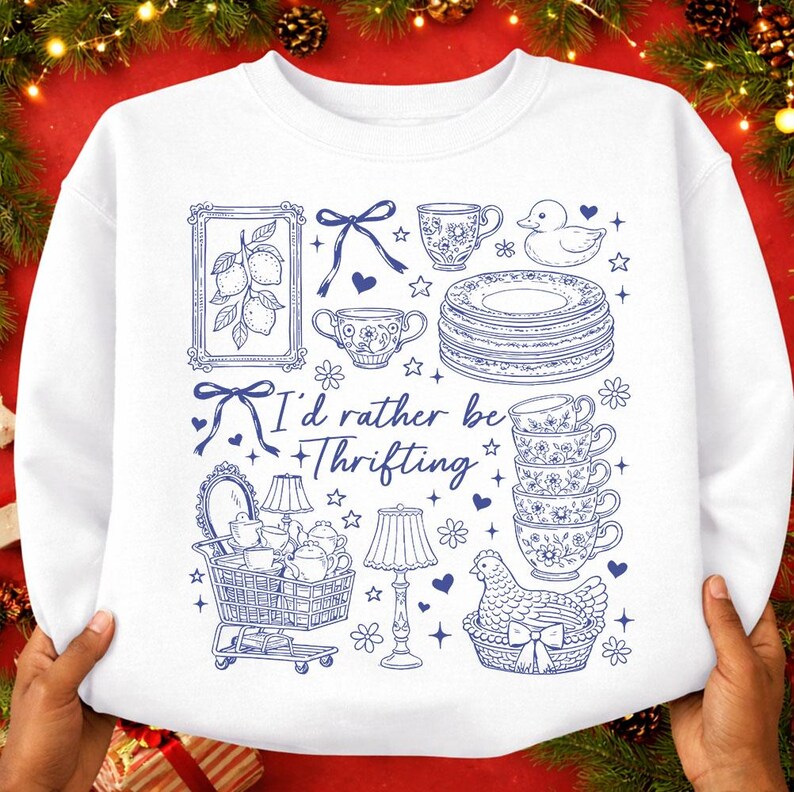 May include: White sweatshirt with a blue graphic design featuring various thrifted items. The design includes teacups, plates, a duck, a shopping cart, lamps, and the text "I'd rather be thrifting."