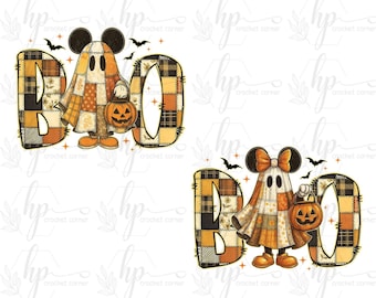 Preppy Boo Cartoon Mouse Pumpkin Png, Trendy Fall Patchwork Mouse Ghost Png, Autumn Matching Shirt Png, Halloween Mouse Png, Fall Kids Png