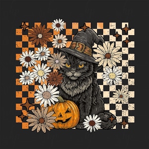 May include: A black cat wearing a witch hat sits next to a carved pumpkin. The cat is surrounded by daisies and stars against a checkered orange and white background. Halloween themed.