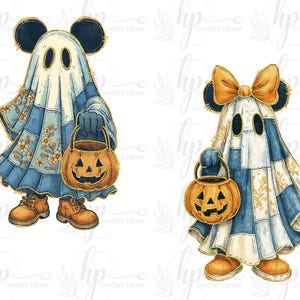 May include: Two watercolour illustrations of Halloween ghosts. Each ghost wears a patchwork quilt costume with Mickey Mouse ears and holds a carved pumpkin bucket. The costumes are blue, white, and gold.