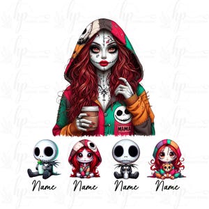 May include: A digital illustration featuring a woman with red hair and face paint, wearing a patchwork hoodie and holding a coffee cup. Below are four cartoon figures of Jack Skellington and Sally, each with the word "Name" below them.