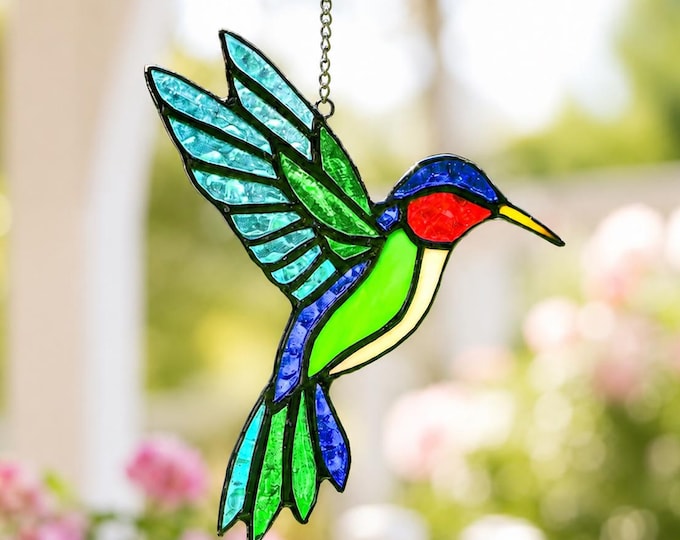Handmade Stained Glass Hummingbird Suncatcher, Window Hanging, Teal Blue or Light Blue Flower Designs