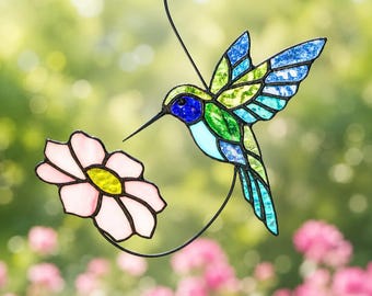 Fensterhänger mit Kolibri-Motiv aus Buntglas, Kolibri-Sonnenfänger mit Blume, Gartendekoration, Geschenk für Mama
