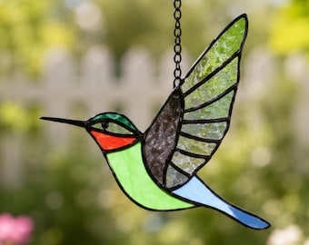Atrapasueños de colibrí de vitral hecho a mano, arte vibrante de aves para ventanas, decoración de vidrio personalizada