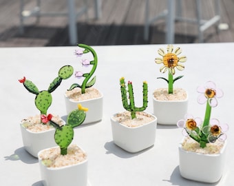 Handmade Glass Cactu,Glass Succulent Potted Plant,Handmade Stained Glass Art，Office Decor Artificial House Plant,Cactus Lover,Gift for Mom
