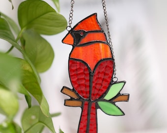 Adornos de vidrieras 100% hechos a mano, atrapasoles de vidrieras con cardenal rojo, adornos de vidrio para ventanas, regalo para el Día de la Madre, regalo de cumpleaños.