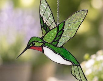 Handmade Stained Glass Hummingbird Suncatcher, Garden Window Art Decor