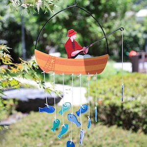 Old Man Fishing Glass Wind Chime, Stained Glass Wind Chime, Glass Fish Wind Chime, SunCatcher For Window Decor,Garden decoration