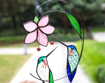 Handcrafted Stained Glass Hummingbird Suncatcher, Garden Window Art, Nature Decor
